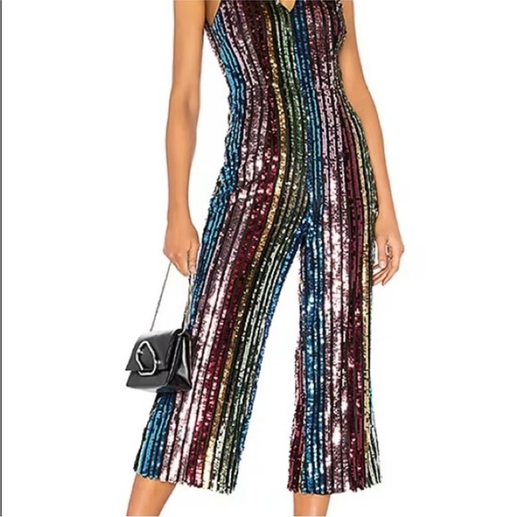 LPA Rainbow Multi Striped Sequin Double V Sleeveless Cropped Jumpsuit Size Small - Picture 1 of 17